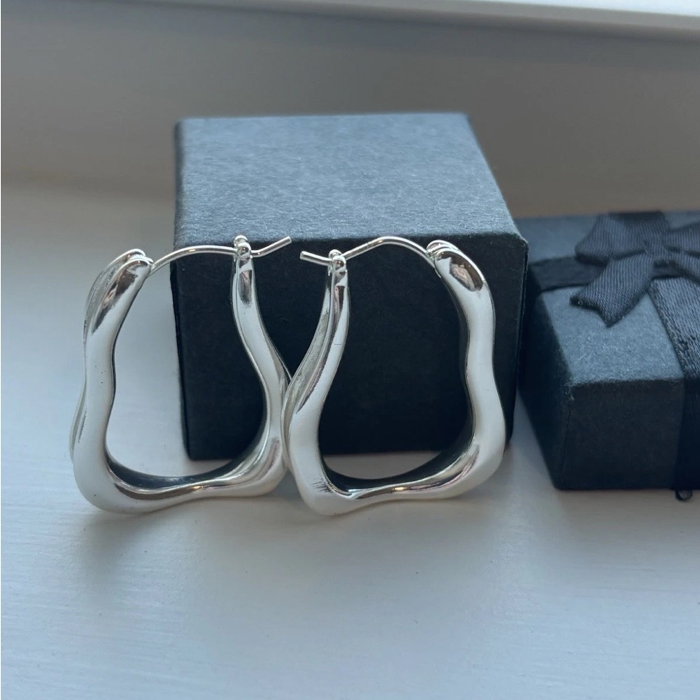 Silver Sculptural Hoop Earrings Organic Modern Luxury Design, White Gold Plated